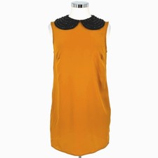 ASOS 60s Retro Mod Shift Dress Beaded Peter Pan Collar Mustard Yellow Size 8