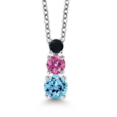Rhodium Plated 3 Stone Pendant for Women & Chain  Topaz Pink Moissanite 0.98ct