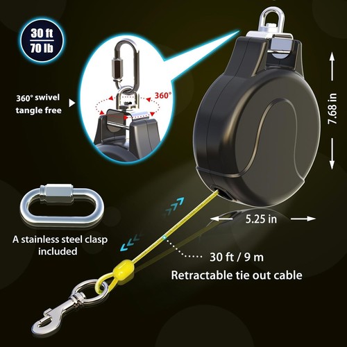 30ft Dog Tie Out Cable and Retractable Dog Leash, 2-in-1 Lead for Zipline, Aeri - Picture 6 of 6