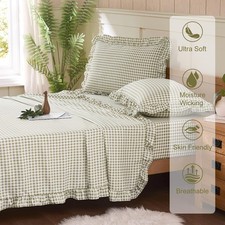 4 Piece Ruffle Gingham Queen Sheet Set Soft Brushed Microfiber Plaid Sage Green
