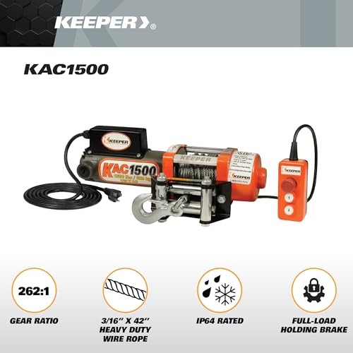  Electric Winch 110/120V AC with Remote, Hand Held Control, 1500 lb. Capacity, 