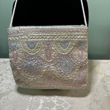 Vintage La Regale Beaded White Pink Blue Evening Purse Bag 7.5 x 7 Inches