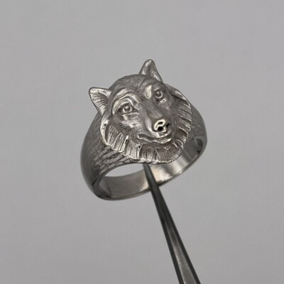 Men's 14k White Gold Solid Wolf Head Ring Size 11.5