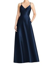 Alfred Sung V-Neck Full Skirt Satin Maxi Dress for Prom/Bridesmaids
