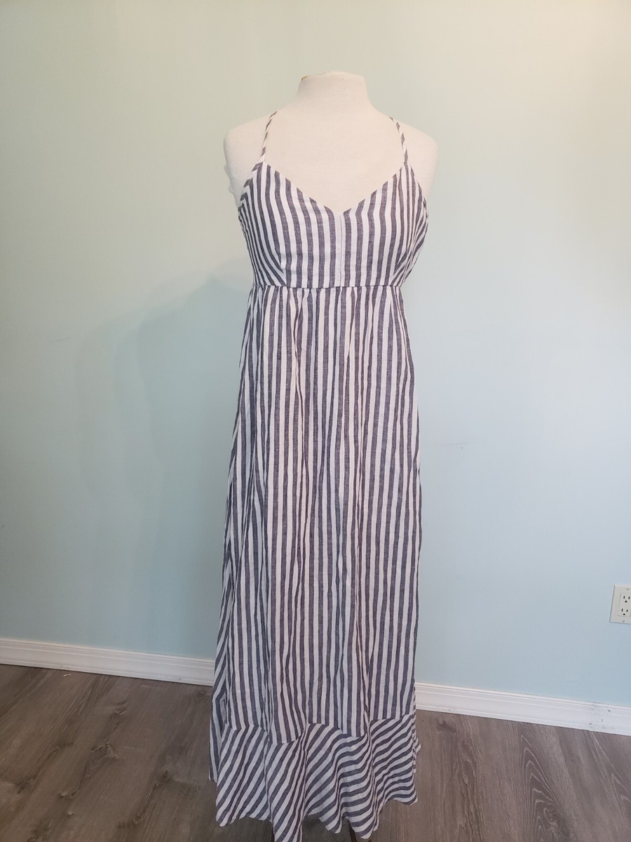 Antibes Blanc Womens 6 Maxi Dress 100% Linen Striped Blue Resort Bohemian  Long