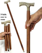 Brown Finished Brass Handle 3 Fold Wooden Walking Stick Design New Style Gifts