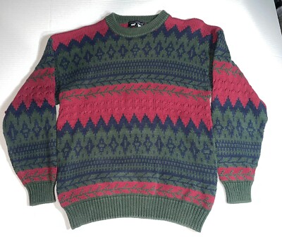 Pull épais Homme Vintage Woods & Gray En Coton 100% - Taille XL Marron - Motif Géométrique Années 80