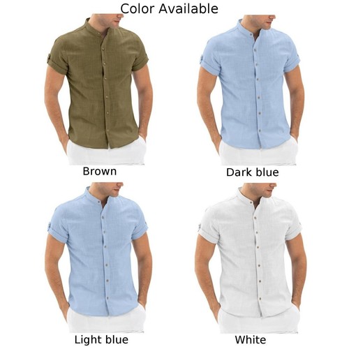Men Short Sleeve Shirts Beach Loose Casual Stand Collar Blouse-Tee-Tops - Bild 2 von 10