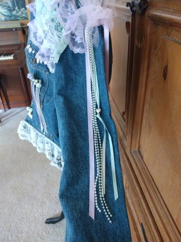 80's Style Bedazzled Jean jacket Pearls Lace Bride Cosplay Valley Girl Halloween - Picture 6 of 13