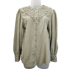 Womens Top 8 Hand Embroidered 100 Silk Long Sleeve Blouse Button Luxury Cottage