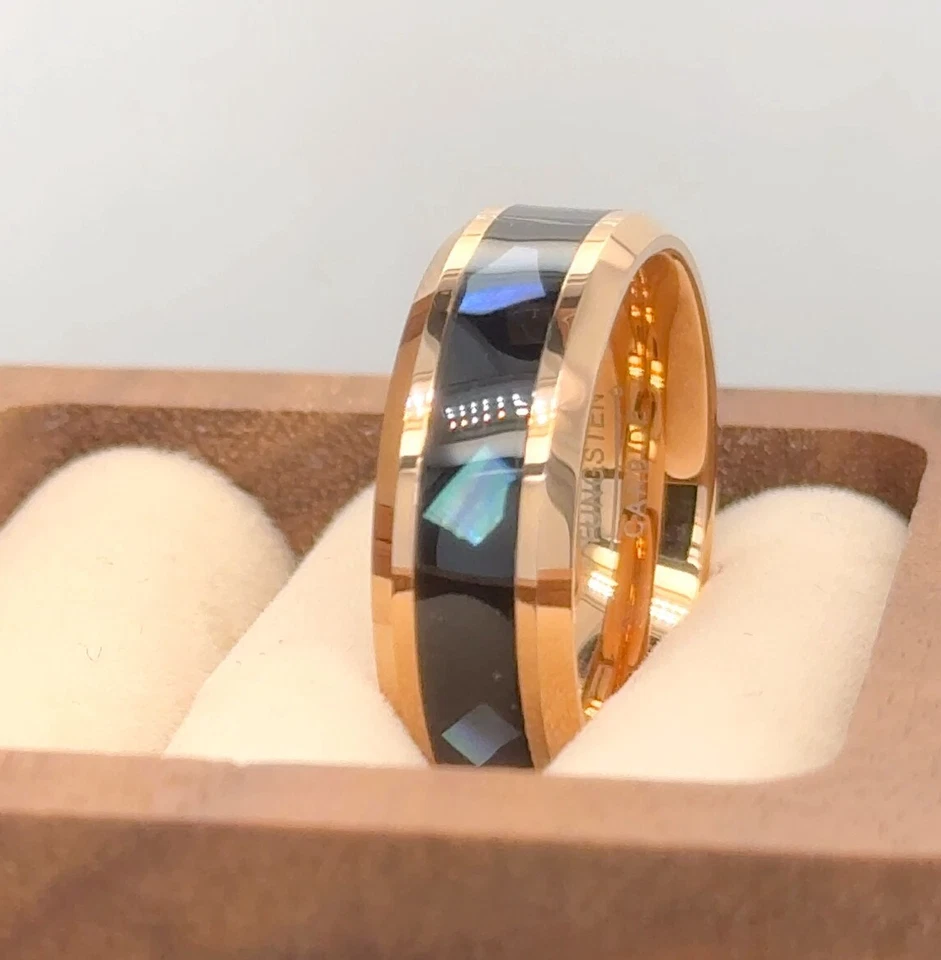 Праздничный подарок кольцо розового золота вольфрама группы черной смолы и абалона оболочки инкрустация кольцо - Изображение 4 из 4
