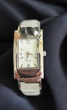 ~ Silvertone Opalescence Hinged Ladies Cuff Bracelet Quartz Watch
