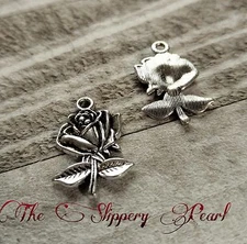 10 Flower Charms Antiqued Silver Rose Pendants Garden Jewelry Making