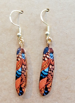 Tribal Boho Pattern Enamel, Gold Plated Drop Dangle feather earrings, festival