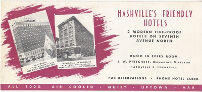 Early 1940s Ad Card - NASHVILLE TN - SAM DAVIS Hotel + MEMORIAL Apt Hotel 
