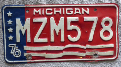 Vintage 1976 original Michigan License Plate MZM 578 USA Flag Bicentennial