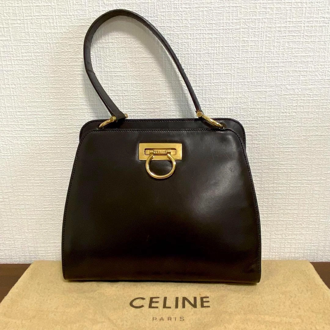 CELINE Gancini Hand Double Face Bag Leather Black Italy Logo F 04