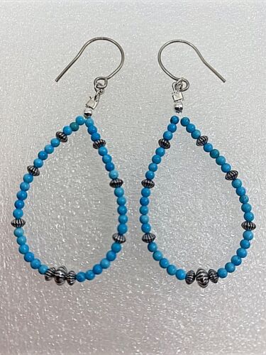 Sterling Silver .925 Sleeping Beauty Turquoise Hoop 2 1/2" Dangle Earrings