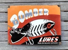 VINTAGE BOMBER LURES FISHING GASOLINE GAS MOTOR OIL PUMP STATION PORCELAIN SIGN