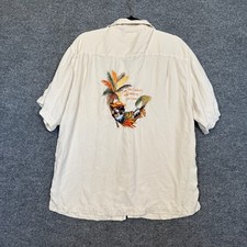 Luau Silk Parrot Shirt Mens Large Cream Button Up Tropical Embroidered Hawaiian