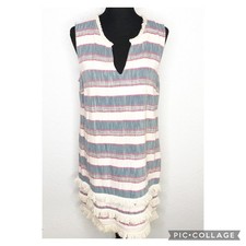 Anthropologie Holding Horses cream chambray blue pink fringe trim dress size 12