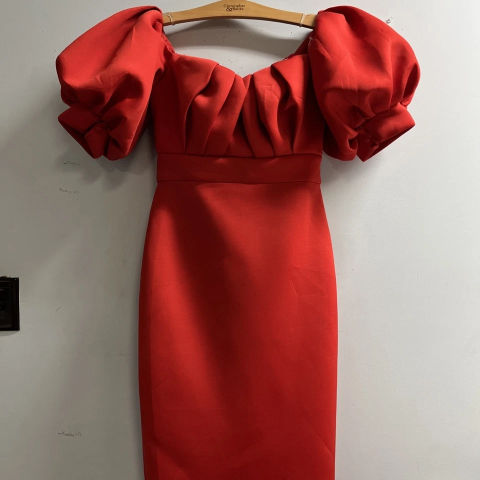 Vestido Badgley Mischka Para Mujer 8 Rojo Ajustado Acanalado Corpiño Mangas Abullonadas Vestido Gala Foto 2 de 4