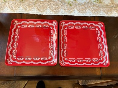 Temptations by Tara Doodle Doo Red Set Of (2) 10.5  Square Dinner Plates