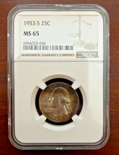 Washington Quarter - 90% SILVER - 1953S - Graded - NGC - MS65 - TONED
