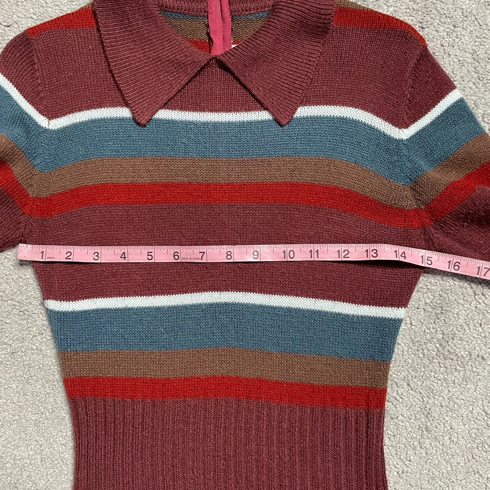 Vintage Collared Burgundy Striped  Knit Sweater Midi Dress Women Size 11/12 Sm - Image 4 of 4