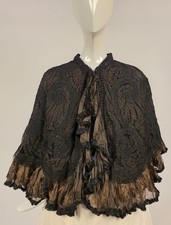 BEAUTIFUL VICTORIAN 1870  S HAND MADE TAPE LACE CAPE W SILK RUFFLES