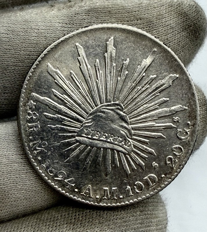 1894 Mo AM Mexico 8 Reales 0.7859oz ASW Grades AU KM#377.10  Great Luster