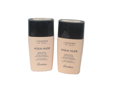 GUERLAIN LINGERIE DE PEAU AQUA NUDE FOUNDATION 00N PORCELAIN 1 OZ (LOT OF 2)