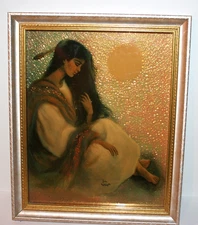 VTG USA Judy Mastrangelo Indian Maiden & Moon Bloom Brothers Framed Art Print