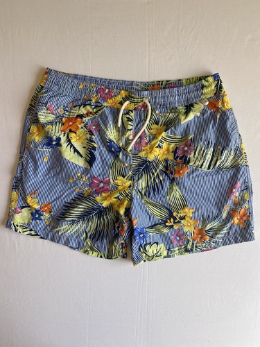 POLO Ralph Lauren Blue White Stripe Tropical Floral Swim Trunks Size L