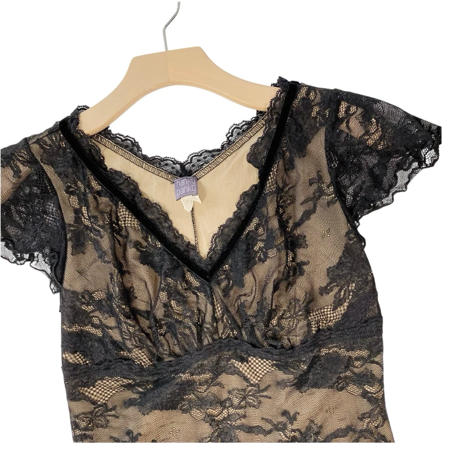 Top de encaje vintage Hanky Panky talla pequeña negro beige años 90 Witchy Whimsigoth  Foto 2 de 4