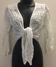 Women s Lightweight Shrug Crochet Bolero Sweaters Tie Front 3/4 Sleeve Cropped