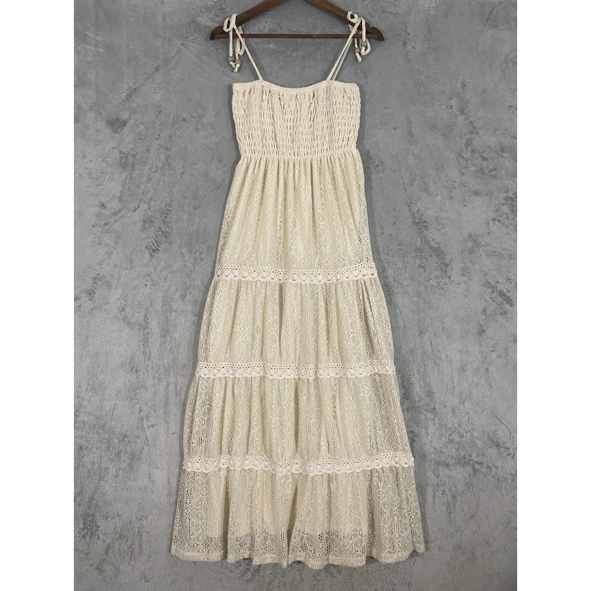 knee length dresses for ladies Forever 21 Nude Maxi Dress with White Embroidered Lace- Size S – The Saved  Collection
