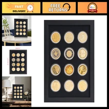 Wooden Coin Display Shadow Box Case for 12 Coins, Military & Casino Chip Holder,