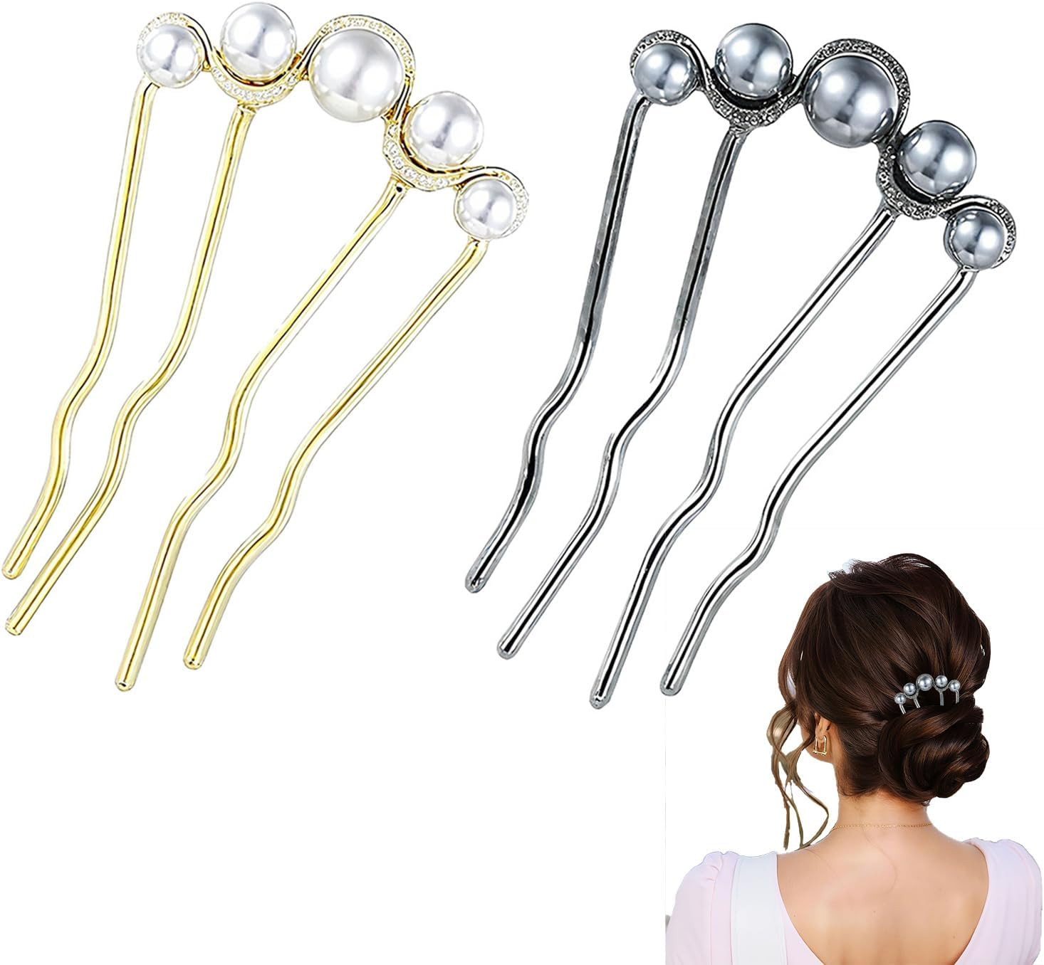 Pearl Hair Pins – 2Pcs French U-Shaped Metal Hair Clips with Crystal Accents for