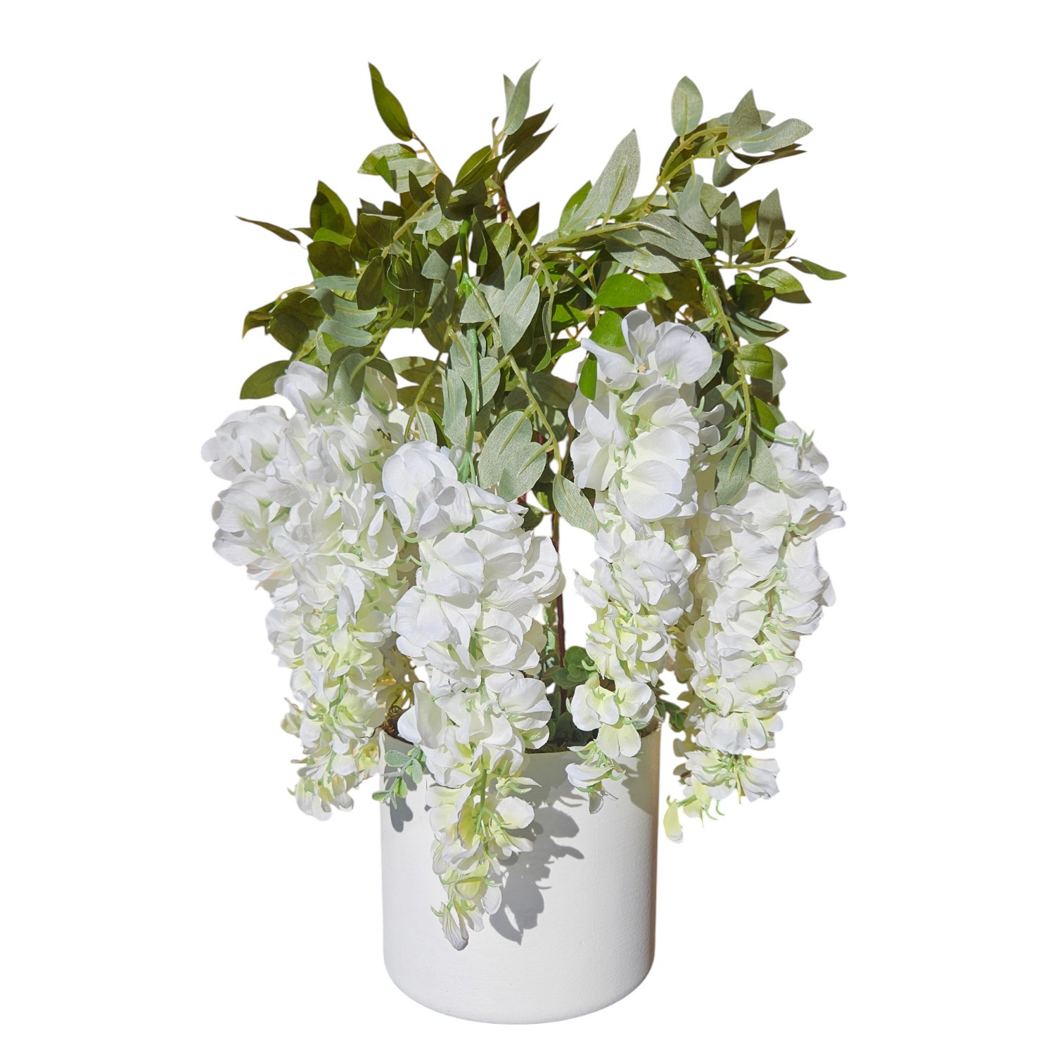 Glycine artificielle blanche en pot blanc pour salon et terrasse fleurie
