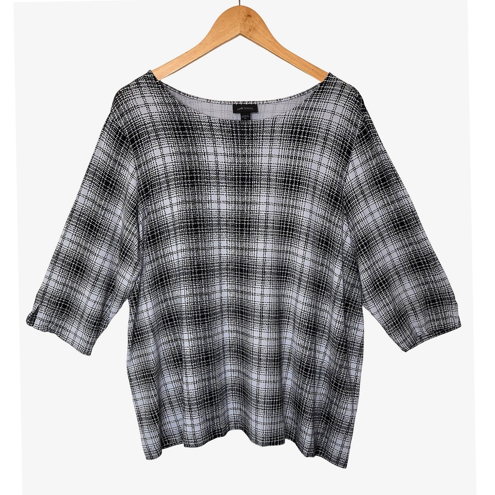 J.Jill Wearever Black White Plaid 3/4 Sleeve Scoop Neck Tunic Top XL Office