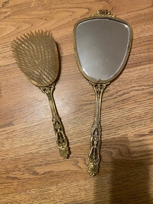 Vintage Vanity Hand Held Gold Tone Metal 13.5 Inch Mirror 10 Inch Brush Set