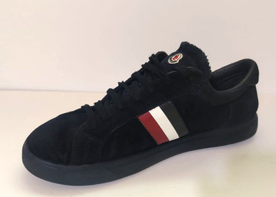 Moncler Men's Navy Blue Suede Low Top Sneakers Tricolor Stripe Size EU 41 US 8