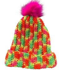 Crochet Ribbed Beanie With Faux Fur Pom Pom - Adult Size Day Glow