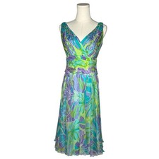 Tadashi Shoji Floral Silk Chiffon Pleated V Neck Sleeveless Midi Dress Wedding