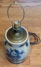 Vintage 1991 Rowe Pottery Lamp Fruit Basket Blue Salt Glazed Stoneware