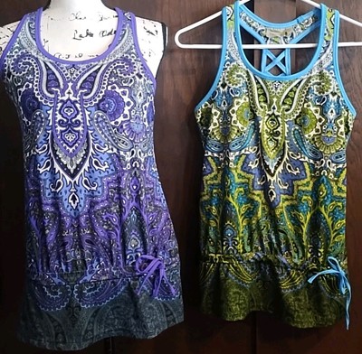 Athleta Tic Tac Toe Mandala Racerback Bra Tank Top Boho Lot 2 Long Purple Blue