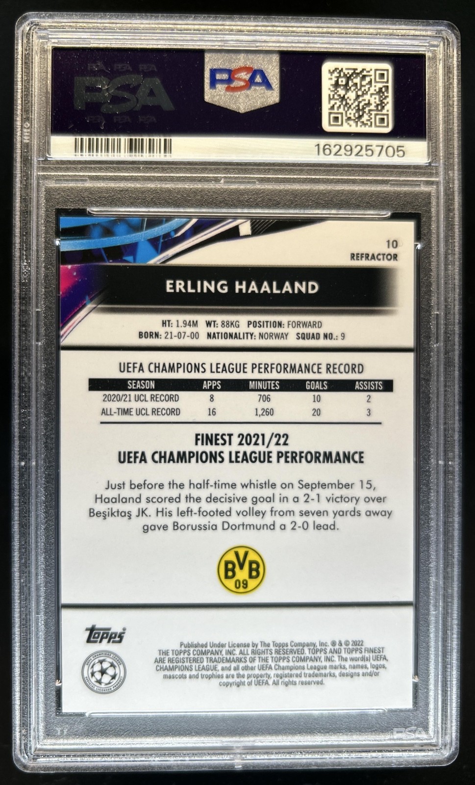 2021 Topps Finest UEFA Erling Haaland Refractor #10 Dortmund PSA 10 GEM MINT view 2