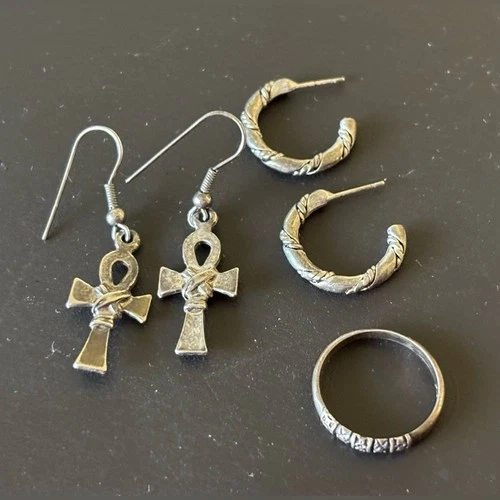 Vintage jewelry set .25 sterling silver ring size 8.5, cross and rope earrings