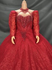 HIGH QUALITY RED HIGH NECK FLOOR LENGTH LONG SLEEVE LACE UP WEDDING DRESS